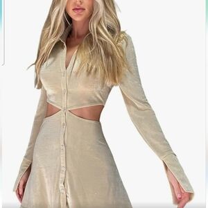 Simplee Apparel Champagne Beige Cutout Long-Sleeve Mini Dress